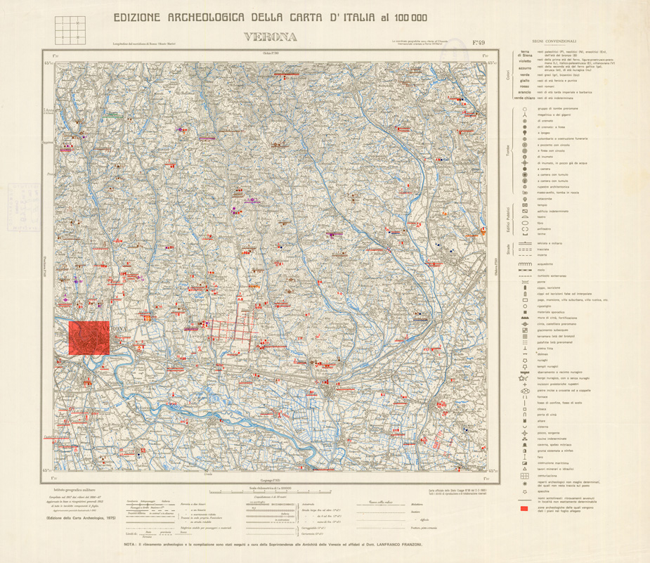 (N:35624) EDIZIONE ARCHEOLOGICA DELLA CARTA D'ITALIA FOGLIO 49 VERONA (B0021013) Carte e stampe antiche: riproduzione a colori su carta (formato A1)