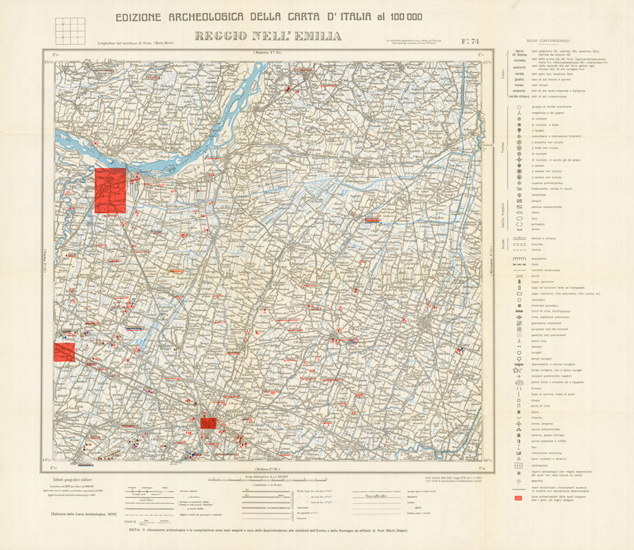 (N:35630) EDIZIONE ARCHEOLOGICA DELLA CARTA D'ITALIA FOGLIO 74 REGGIO NELL'EMILIA (B0021019) Carte e stampe antiche: riproduzione a colori su carta (formato A1)