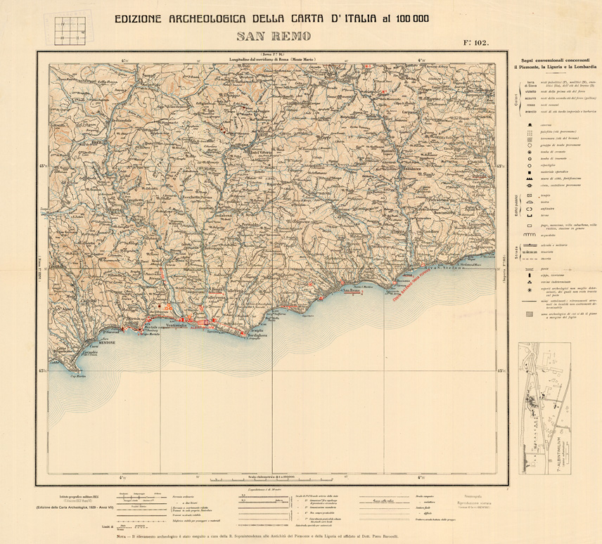 (N:35658) EDIZIONE ARCHEOLOGICA DELLA CARTA D'ITALIA FOGLIO 102 SAN REMO (B0021036) Carte e stampe antiche: riproduzione a colori su carta (formato A1)