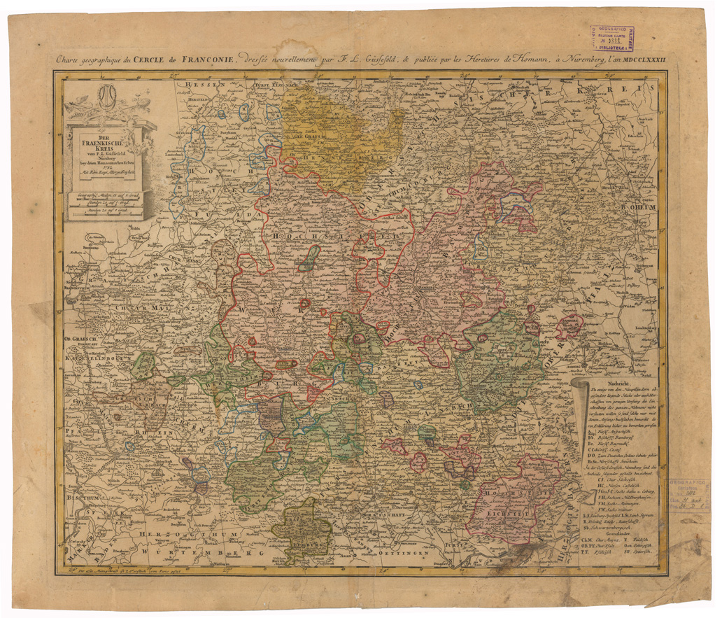 (N:35736) CHARTE GEOGRAPHIQUE DU CERCLE DE FRANCONIE - DER FRAENKISCHE KREIS (B0021124) Carte e stampe antiche: riproduzione a colori su carta (formato A1)