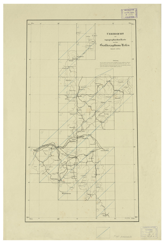 (N:35910) UEBERSICHT DER TOPOGRAPHISCHEN KARTE VON DEM GROSSHERZOGTHUME HESSEN - QUADRO D'UNIONE (B0021221) Carte e stampe antiche: riproduzione a colori su carta (formato A1)