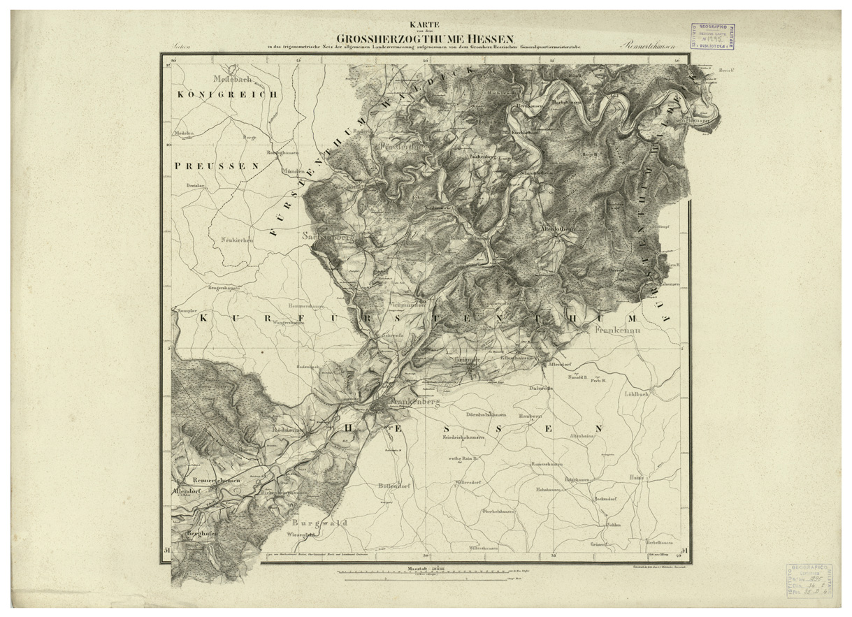 (N:35913) UEBERSICHT DER TOPOGRAPHISCHEN KARTE VON DEM GROSSHERZOGTHUME HESSEN - FOGLIO 3 RENNERTEHAUSEN (B0021224) Carte e stampe antiche: riproduzione a colori su carta (formato A1)