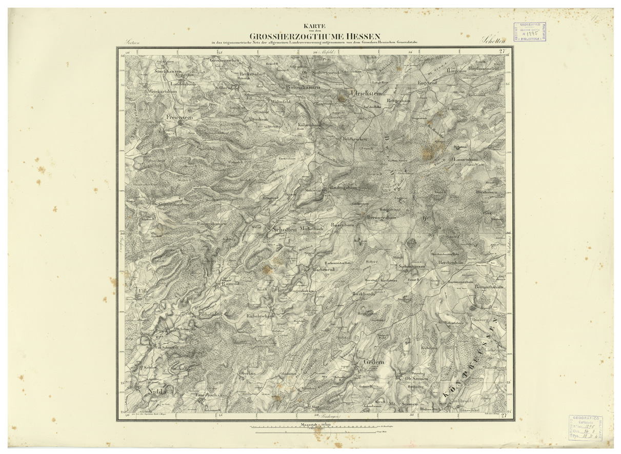 (N:35922) UEBERSICHT DER TOPOGRAPHISCHEN KARTE VON DEM GROSSHERZOGTHUME HESSEN - FOGLIO 11 SCHOTTEN (B0021233) Carte e stampe antiche: riproduzione a colori su carta (formato A1)
