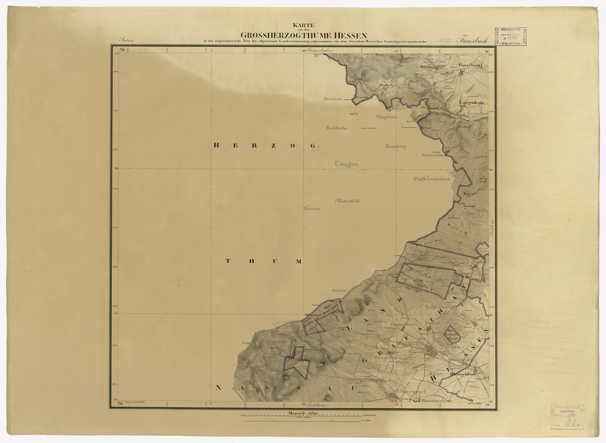 (N:35924) UEBERSICHT DER TOPOGRAPHISCHEN KARTE VON DEM GROSSHERZOGTHUME HESSEN - FOGLIO 13 FAUERBACH (B0021235) Carte e stampe antiche: riproduzione a colori su carta (formato A1)