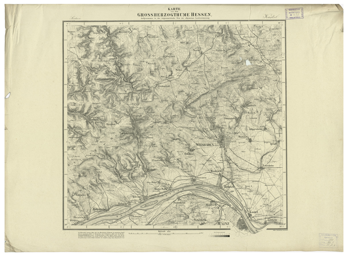 (N:35927) UEBERSICHT DER TOPOGRAPHISCHEN KARTE VON DEM GROSSHERZOGTHUME HESSEN - FOGLIO 16 KASTEL (B0021238) Carte e stampe antiche: riproduzione a colori su carta (formato A1)