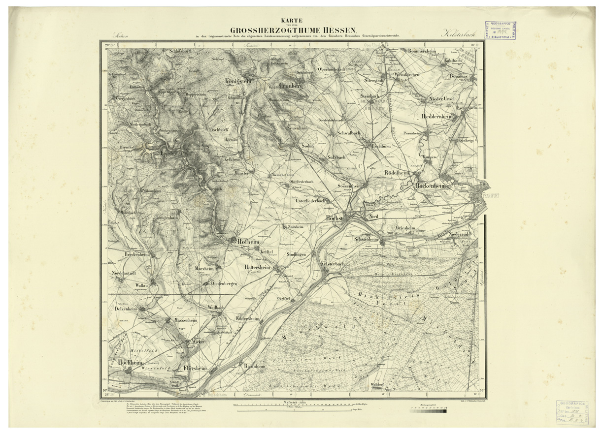 (N:35928) UEBERSICHT DER TOPOGRAPHISCHEN KARTE VON DEM GROSSHERZOGTHUME HESSEN - FOGLIO 17 KELSTERBACH (B0021239) Carte e stampe antiche: riproduzione a colori su carta (formato A1)