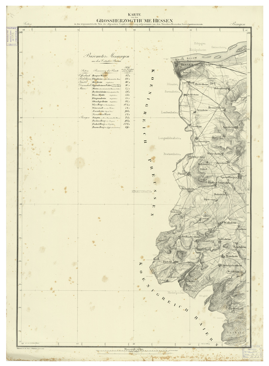 (N:35930) UEBERSICHT DER TOPOGRAPHISCHEN KARTE VON DEM GROSSHERZOGTHUME HESSEN - FOGLIO 19 BINGEN (B0021241) Carte e stampe antiche: riproduzione a colori su carta (formato A1)