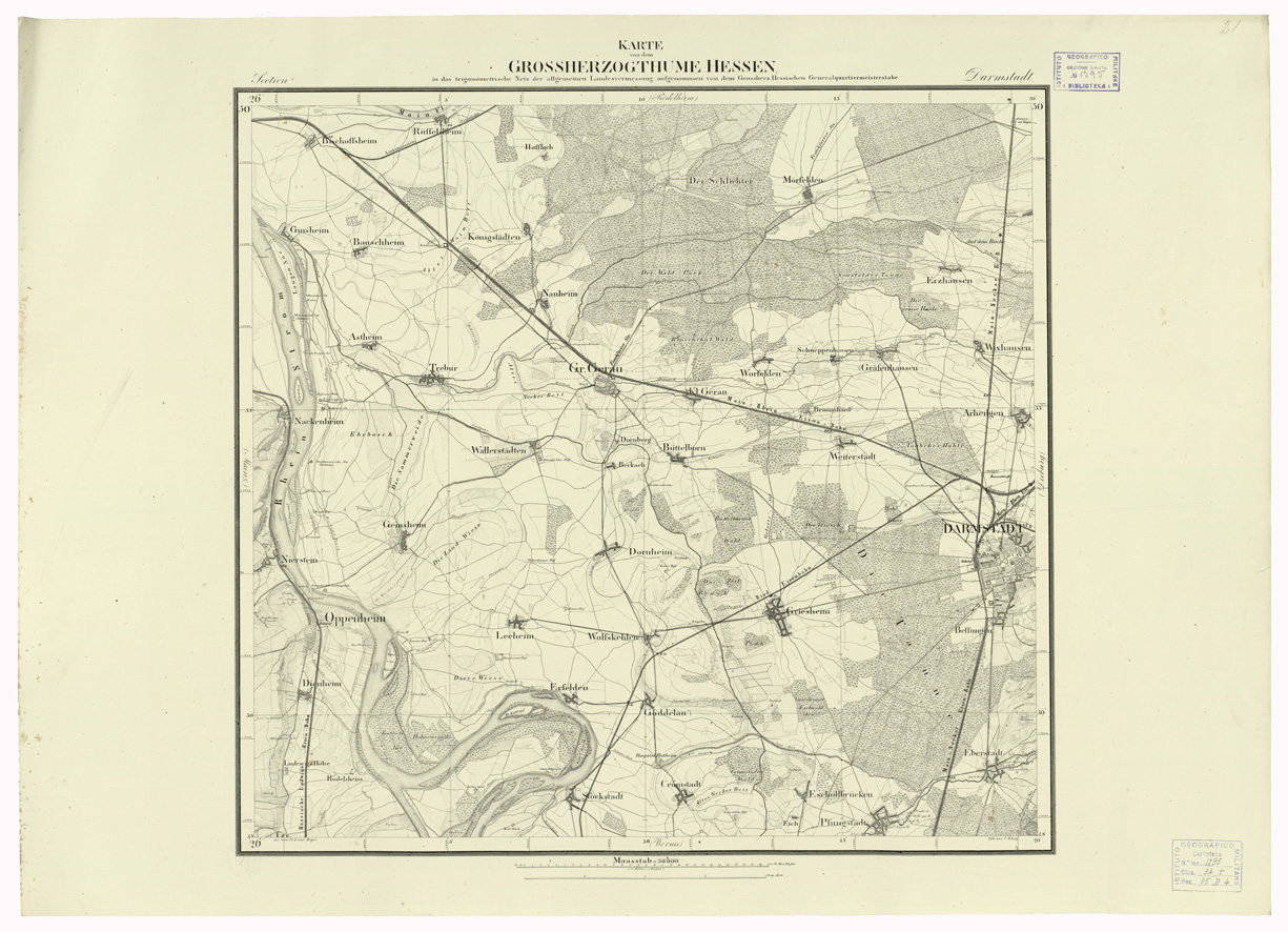 (N:35932) UEBERSICHT DER TOPOGRAPHISCHEN KARTE VON DEM GROSSHERZOGTHUME HESSEN - FOGLIO 21 DARMSTADT (B0021243) Carte e stampe antiche: riproduzione a colori su carta (formato A1)