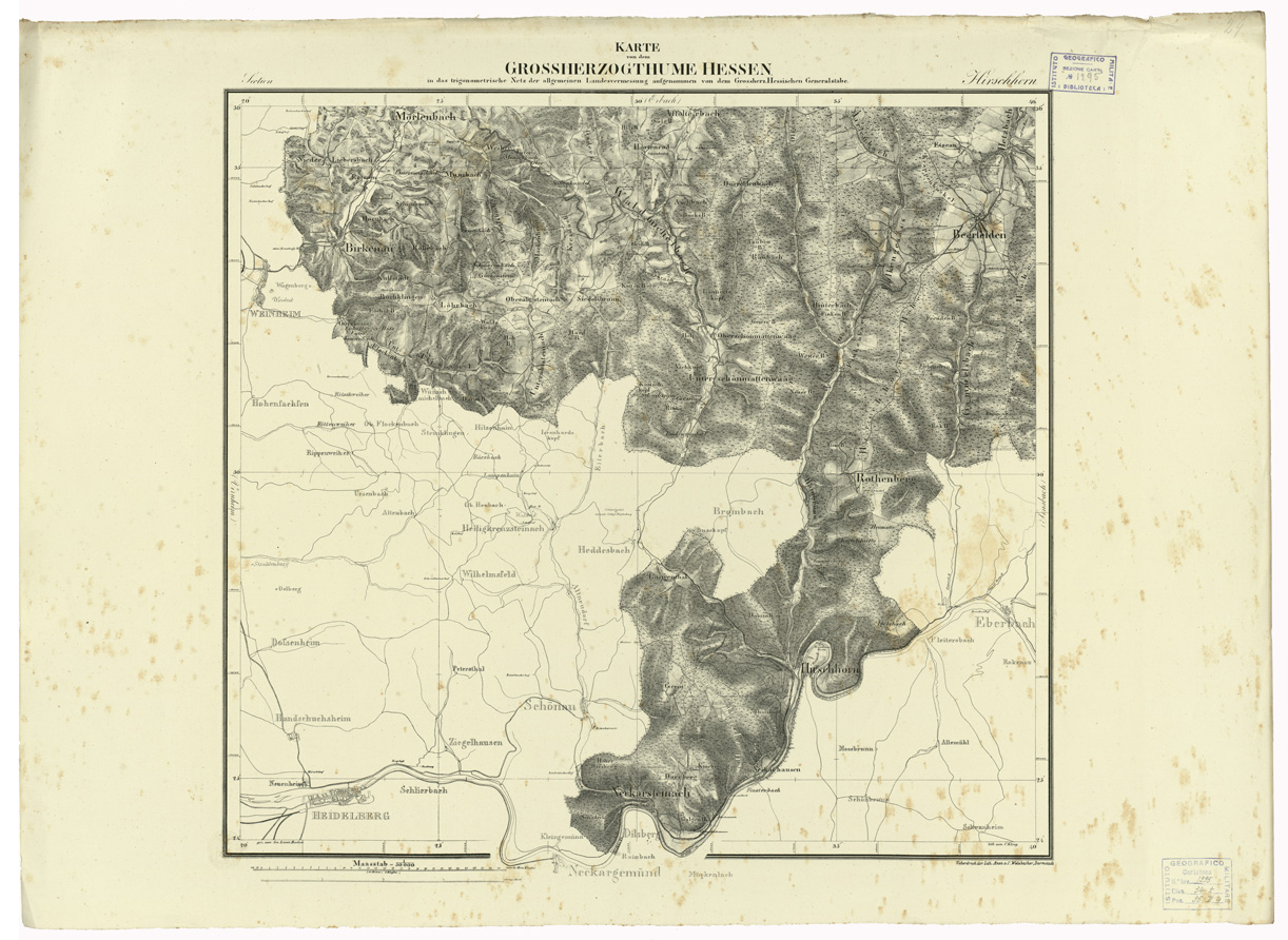 (N:35940) UEBERSICHT DER TOPOGRAPHISCHEN KARTE VON DEM GROSSHERZOGTHUME HESSEN - FOGLIO 29 HIRSCHHORN (B0021251) Carte e stampe antiche: riproduzione a colori su carta (formato A1)