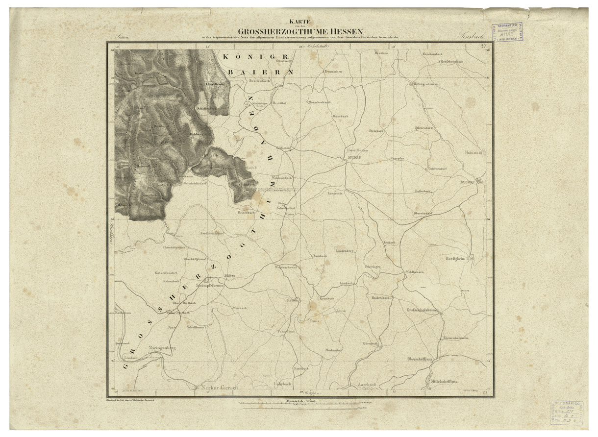 (N:35941) UEBERSICHT DER TOPOGRAPHISCHEN KARTE VON DEM GROSSHERZOGTHUME HESSEN - FOGLIO 30 LENSBACH (B0021252) Carte e stampe antiche: riproduzione a colori su carta (formato A1)