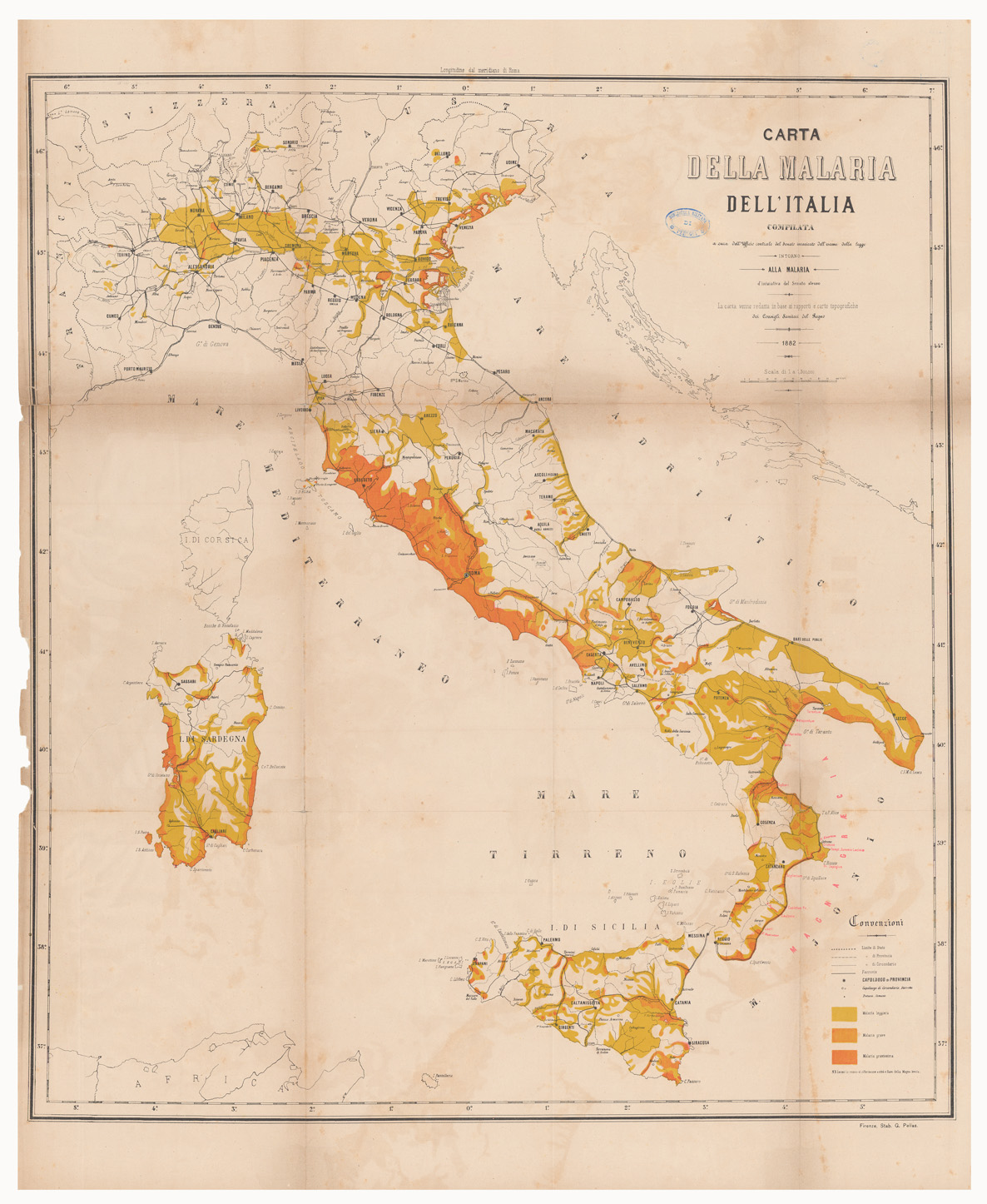 (N:36744) CARTA DELLA MALARIA DELL'ITALIA (B0021300) Carte e stampe antiche: riproduzione a colori su carta (formato A1)