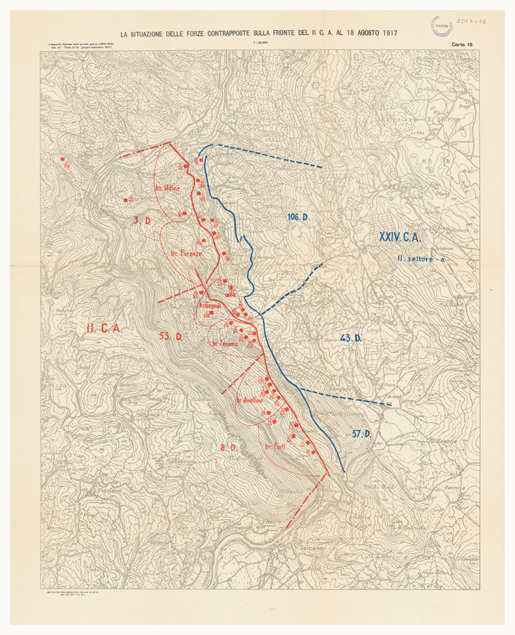 (N:36769) L'ESERCITO ITALIANO NELLA GRANDE GUERRA 1915-1918 - VOL. IV 1917 - TOMO 2 TER - Carta 18 - La situazione delle forze contrapposte sulla fronte del II C.A. al 18 agosto 1917 (B0021323) Carte e stampe antiche: riproduzione a colori su carta (formato A1)