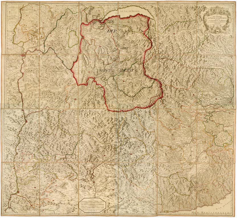 (N:11560) LES ESTATS DE SAVOYE ET DE PIEMONT, LES DAUPHINE LA BRESSE PARTIE DU LIONNOIS ET DE LA PROVENCE ETC. DEDIEZ AU ROY PAR SON TRES HUMBLE ECC. HUBERT JAILLOT. A PARIS CHEZ DEZAUCHE (B0004149, B0004150, B0004151, B0004152, B4149-52) Carte e stampe antiche: riproduzione a colori su carta (formato A1)