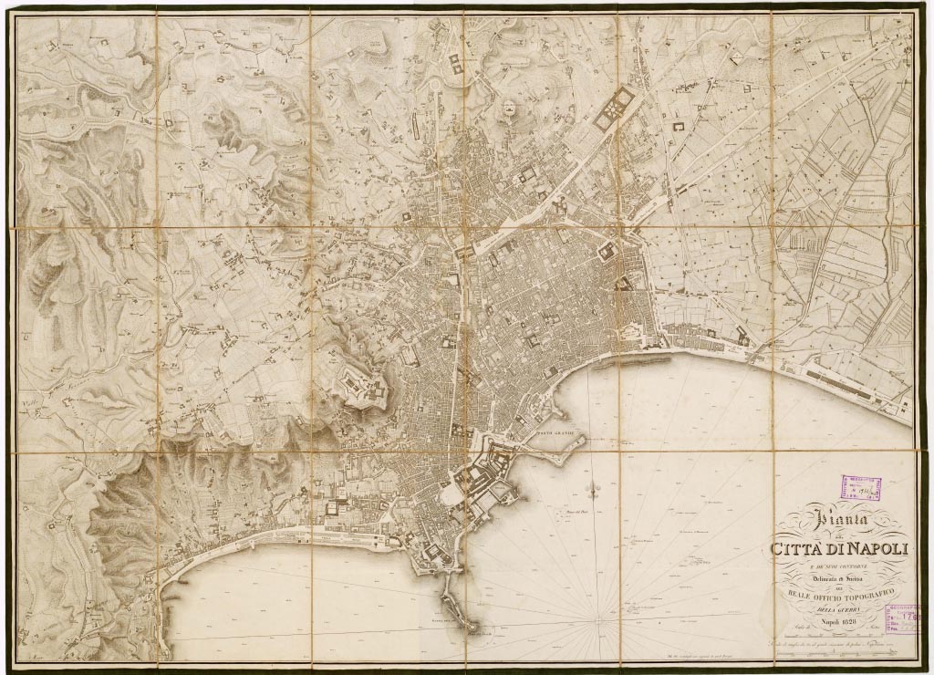 (N:13713) PIANTA DELLA CITTA' DI NAPOLI E DE' SUOI CONTORNI. DELINEATA ED INCISA NEL REALE OFFICIO TOPOGRAFICO DELLA GUERRA. NAPOLI. (B0006629, B0006630, B6629-30) Carte e stampe antiche: riproduzione a colori su carta (formato A1)
