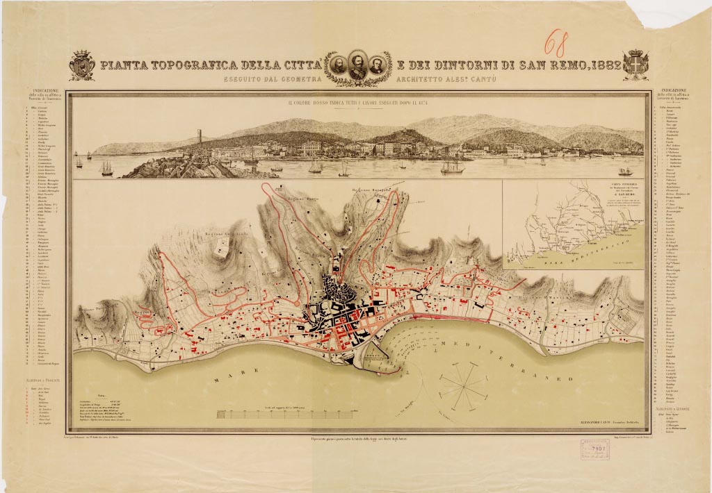 (N:14014) PIANTA TOPOGRAFICA DELLA CITTA' E DEI DINTORNI DI SAN REMO, 1882 ESEGUITO DAL GEOMETRA ARCHITETTO A. CANTU' (B0006648, B0006649, B6648-49) Carte e stampe antiche: riproduzione a colori su carta (formato A1)