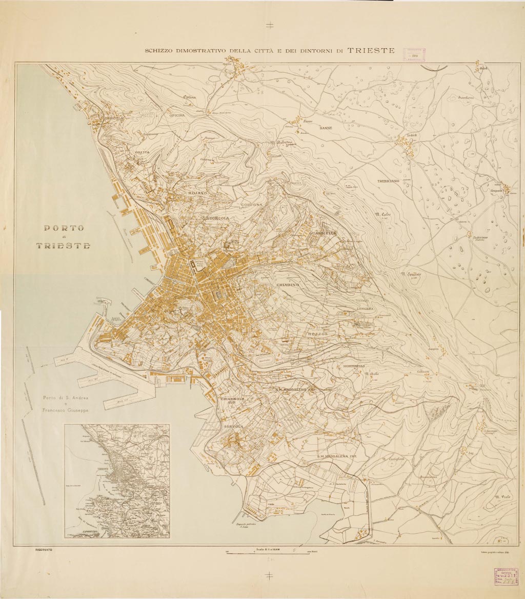 (N:15758) SCHIZZO DIMOSTRATIVO DELLA CITTA' E DEI DINTORNI DI TRIESTE (B0006871, B0006872, B6871-72) Carte e stampe antiche: riproduzione a colori su carta (formato A1)
