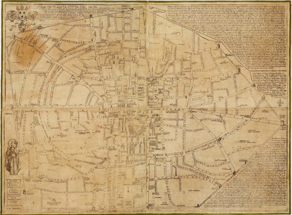 (N:416) BOLOGNA IN PIANTA CITTA' DEL PAPA DATA IN LUCE L'ANNO M.D.C.L.X.X.X.X.II DOVE SONO DESCRITTE TUTTE LE CHIESE, OSPITALI, LUOGHI PII, ECC. (B0006902, B0006903, B6902-03) Carte e stampe antiche: riproduzione a colori su carta (formato A1)