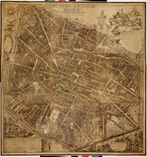 (N:9619) DISEGNO DELL'ALMA CITTA' DI BOLOGNA ICHNOSCENOGRAFIA DI FILIPPO DE GNUDI BOLOGNESE (B0006911, B0006912, B6911-2) Carte e stampe antiche: riproduzione a colori su carta (formato A1)