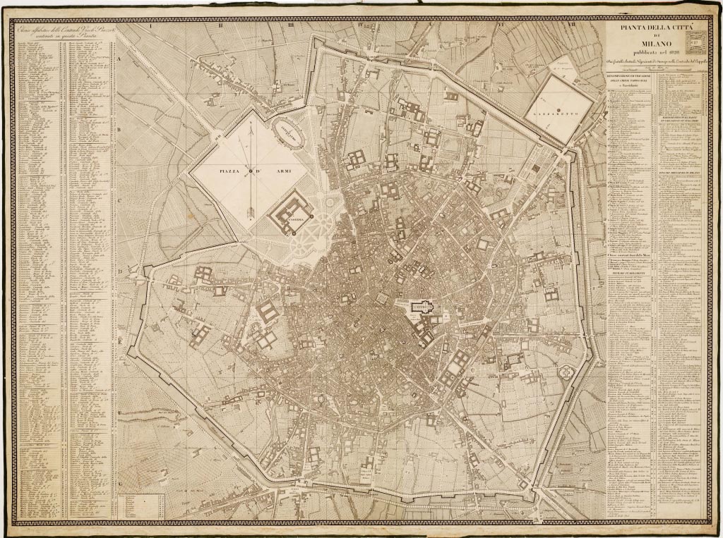 (N:13651) PIANTA DELLA CITTA' DI MILANO PUBBLICATA DAI FRATELLI BETTALI NEGOZIANTI DI STAMPE NELLA CONTRADA DEL CAPPELLO. (B0007255, B0007256, B7255-56) Carte e stampe antiche: riproduzione a colori su carta (formato A1)