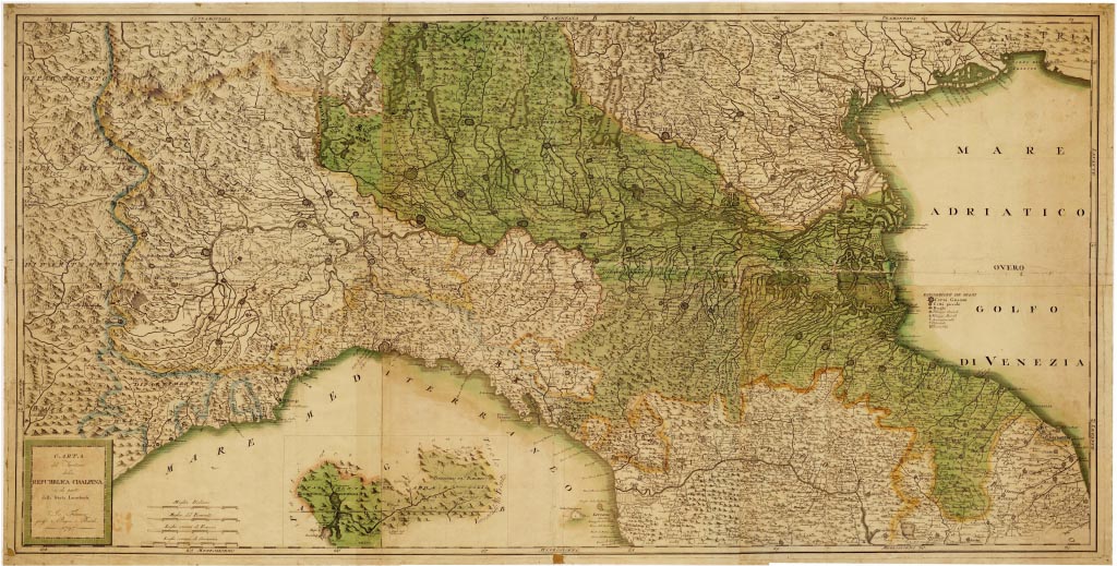 (N:3575) CARTA DEL TERRITORIO DELLA REPUBBLICA CISALPINA E DI PARTE DEGLI STATI LIMITROFI IN FIRENZE - PRESSO PAGNI E BARDI
 (B0007468, B0007469, B0007470, B7468-70) Carte e stampe antiche: riproduzione a colori su carta (formato A1)
