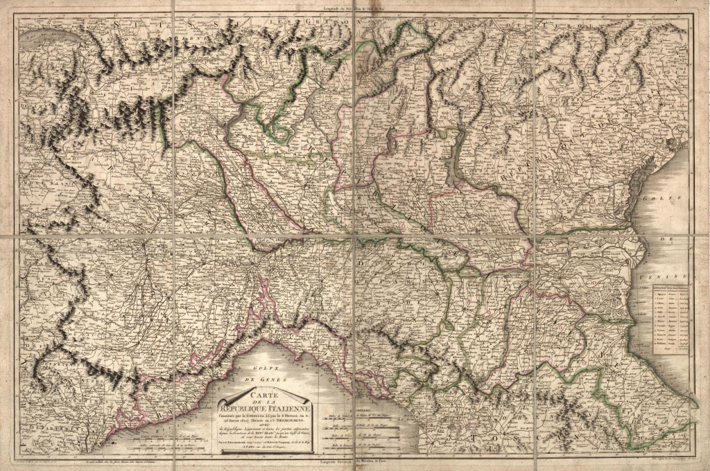 (N:8478) CARTE DE LA REPUBLIQUE ITALIENNE CONSTITUEE PAR LA CONSULTA A LYON LE 6 PLUVIOSE AN X (26 JANVIER 1802). (B0008383, B0008384, B8383-84) Carte e stampe antiche: riproduzione a colori su carta (formato A1)