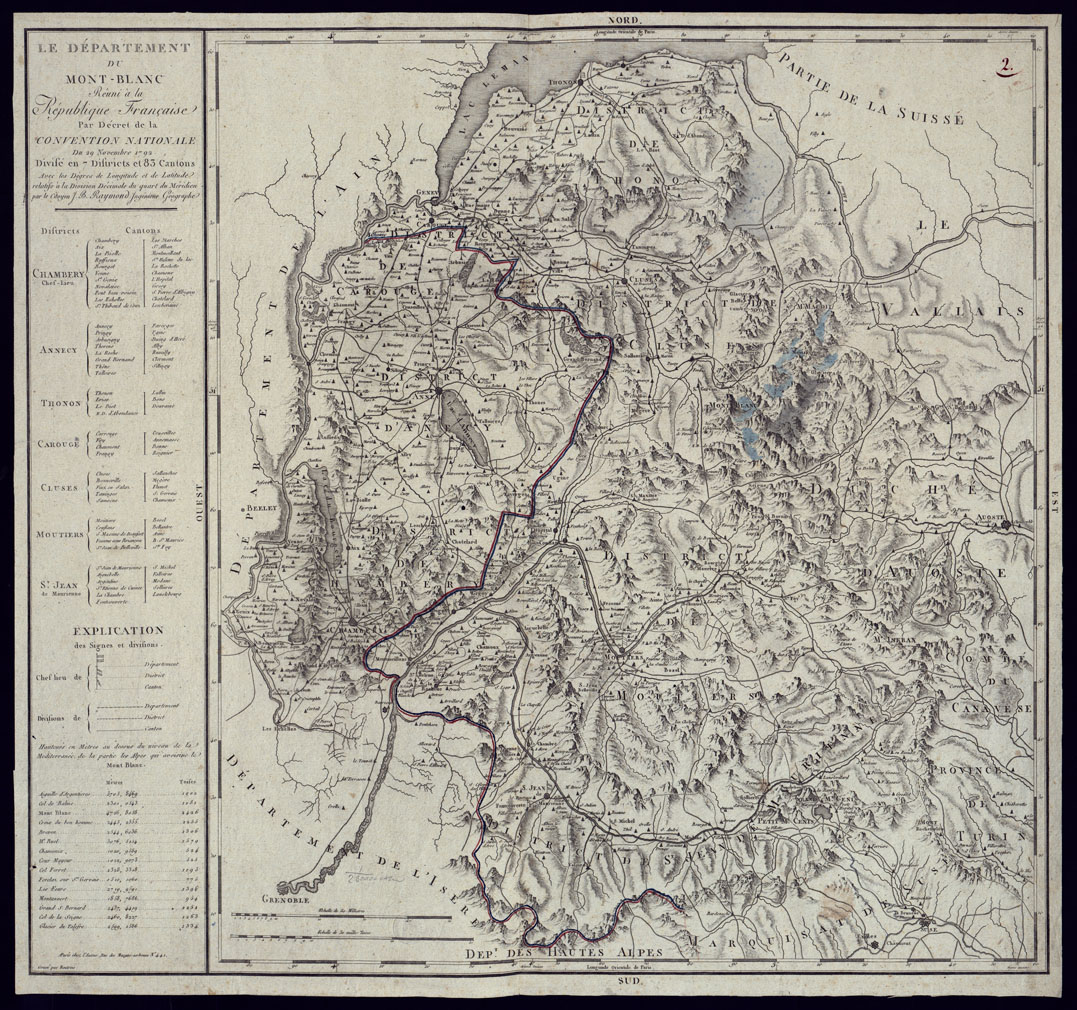 (N:6898) LE DEPARTEMENT DU MONT-BLANC REUNI A' LA REPUBLIQUE FRANCAISE PAR DECRET DE LA CONVENTION NATIONALE DU 29 NOVEMBRE 1792. DIVISE EN 7 DISTRICTS ET 83 CANTONS. (CA000009) Carte e stampe antiche: riproduzione a colori su carta (formato A1)