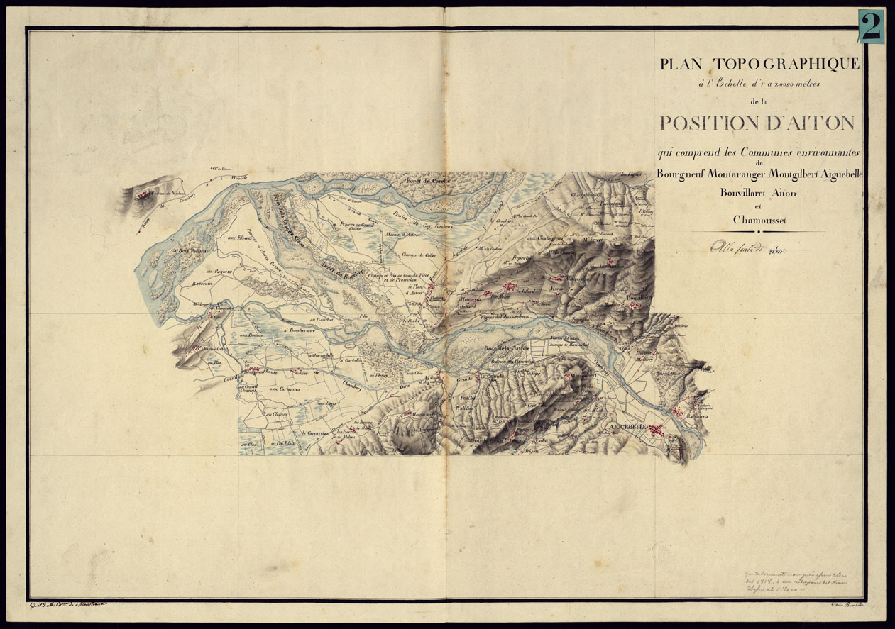(N:6822) PLAN TOPOGRAPHIQUE A'L'ECHELLE D'1 A 20.000 METRES DE LA POSITION D'AITON QUI COMPREND LES COMMUNES ENVIRONNANTES DE BOURGNEUF MONTARANGER MONTGILBERT AIGUBELLE BONVILLARET AITON ET CHAMOUSSET. (CA000010) Carte e stampe antiche: riproduzione a colori su carta (formato A1)