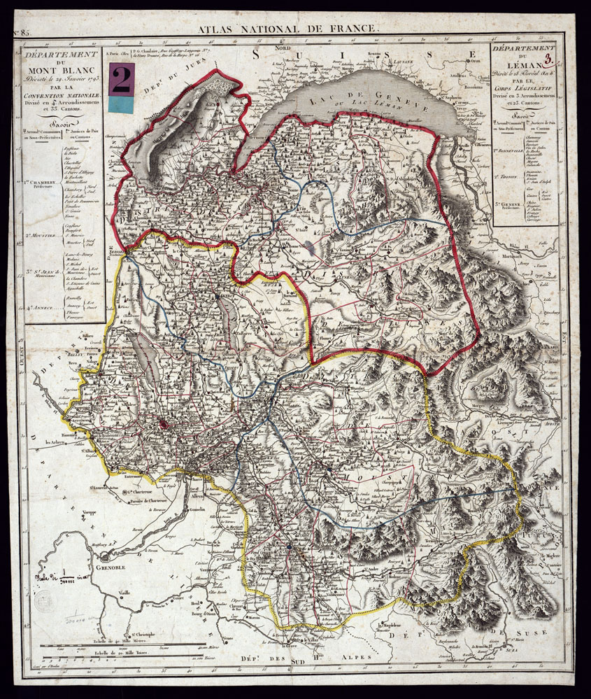 (N:23000) ATLAS NATIONALE DE FRANCE. FOGLIO N. 85 DEPARTEMENT DU MONT BLANC DECRETE LE 29 JANVIER 1793 PAR LA CONVENTION NATIONALE. DEPARTEMENT DU LEMAN DECRETE LE 28 FLORAL AN 6 PAR LE CORPS LEGISLATIFS. (CA000012) Carte e stampe antiche: riproduzione a colori su carta (formato A1)
