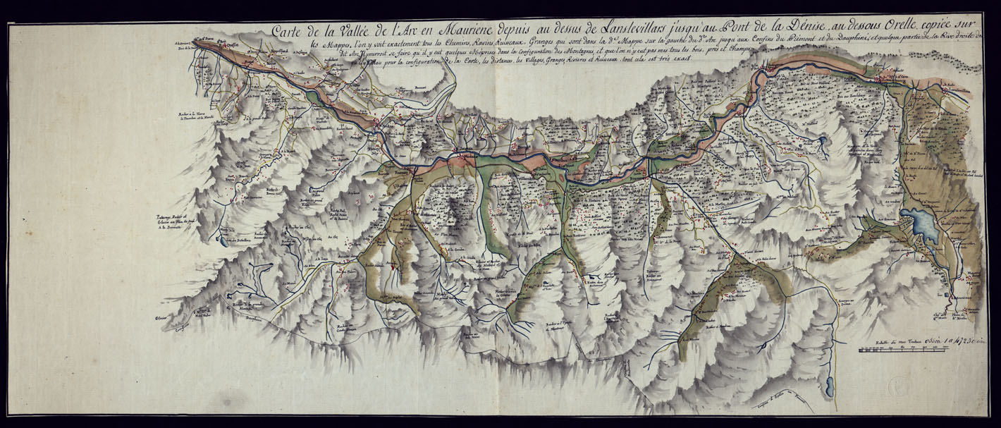 (N:6896) CARTE DE LA VALLE DE L'ARC EN MAURIENE DEPUIS AU DESSUS DE LANSLEVILLAR JUSQU'A' PONT DE LA DENISE, AU DESSOUS ORELLE COPIEE SUR LE MAPPES. (CA000017) Carte e stampe antiche: riproduzione a colori su carta (formato A1)