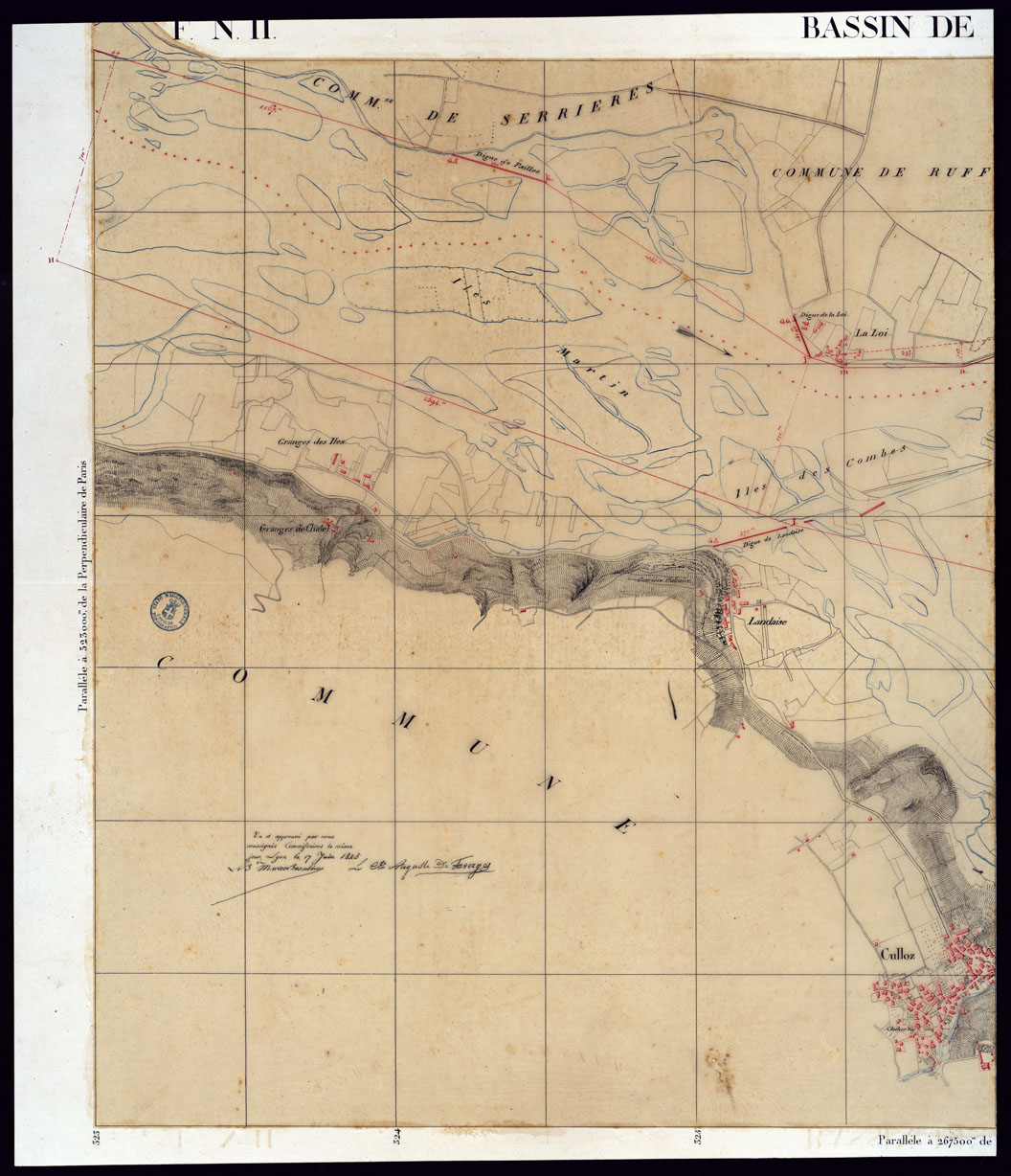 (N:6806) TABLEAU D'ASSEMBLAGE DE CARTE DES BASSINS INONDABLES DU RHONE ET DU GUIERS RELATIVE AUX LIGNES LATERALES LEVEE ET DESSINEE A' L'ECHELLE D'UN 5.000 ME PAR LES CAP. NES DU GENIE CIVIL MELANO ET BAGETTI - BASSIN DE CHOUTAGNE FOGLIO II - PARTE 1. (CA000041) Carte e stampe antiche: riproduzione a colori su carta (formato A1)