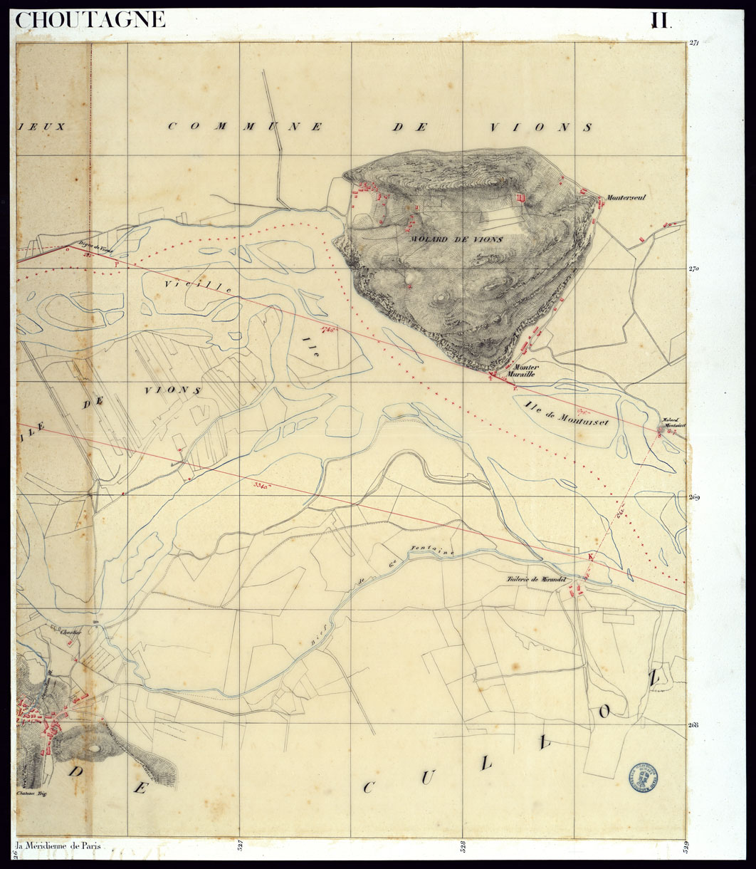 (N:23006) TABLEAU D'ASSEMBLAGE DE CARTE DES BASSINS INONDABLES DU RHONE ET DU GUIERS RELATIVE AUX LIGNES LATERALES LEVEE ET DESSINEE A' L'ECHELLE D'UN 5.000 ME PAR LES CAP. NES DU GENIE CIVIL MELANO ET BAGETTI - BASSIN DE CHOUTAGNE FOGLIO II - PARTE 2. (CA000042) Carte e stampe antiche: riproduzione a colori su carta (formato A1)