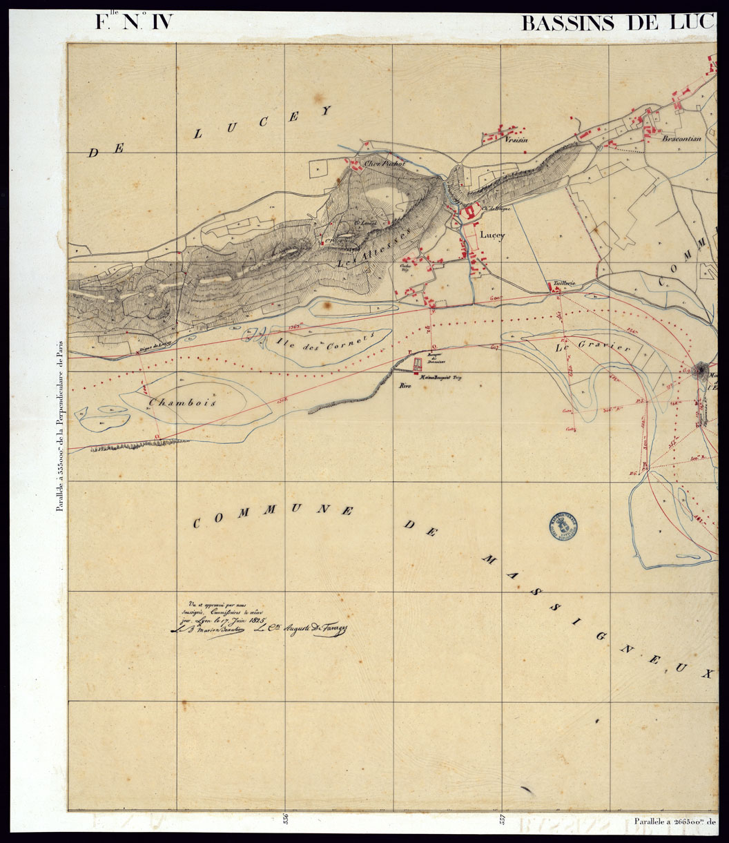 (N:6797) TABLEAU D'ASSEMBLAGE DE CARTE DES BASSINS INONDABLES DU RHONE ET DU GUIERS RELATIVE AUX LIGNES LATERALES LEVEE ET DESSINEE A' L'ECHELLE D'UN 5.000 ME PAR LES CAP. NES DU GENIE CIVIL MELANO ET BAGETTI - BASSIN DE LUC EY ET DE YENNE FOGLIO   IV  PARTE 1. (CA000045) Carte e stampe antiche: riproduzione a colori su carta (formato A1)