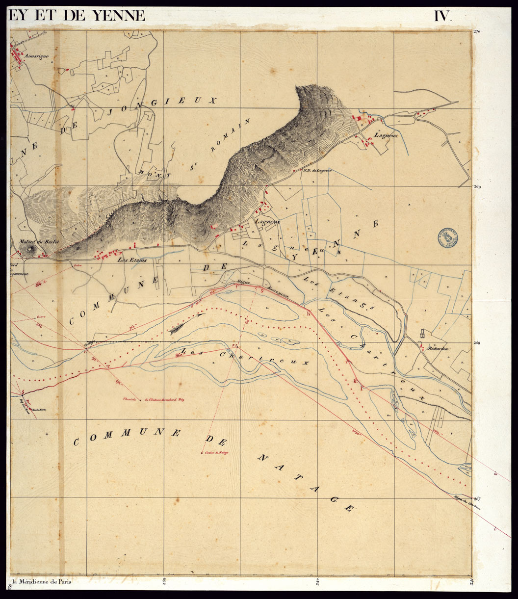 (N:23008) TABLEAU D'ASSEMBLAGE DE CARTE DES BASSINS INONDABLES DU RHONE ET DU GUIERS RELATIVE AUX LIGNES LATERALES LEVEE ET DESSINEE A' L'ECHELLE D'UN 5.000 ME PAR LES CAP. NES DU GENIE CIVIL MELANO ET BAGETTI - BASSIN DE LUC EY ET DE YENNE FOGLI IV PARTE 2. (CA000046) Carte e stampe antiche: riproduzione a colori su carta (formato A1)