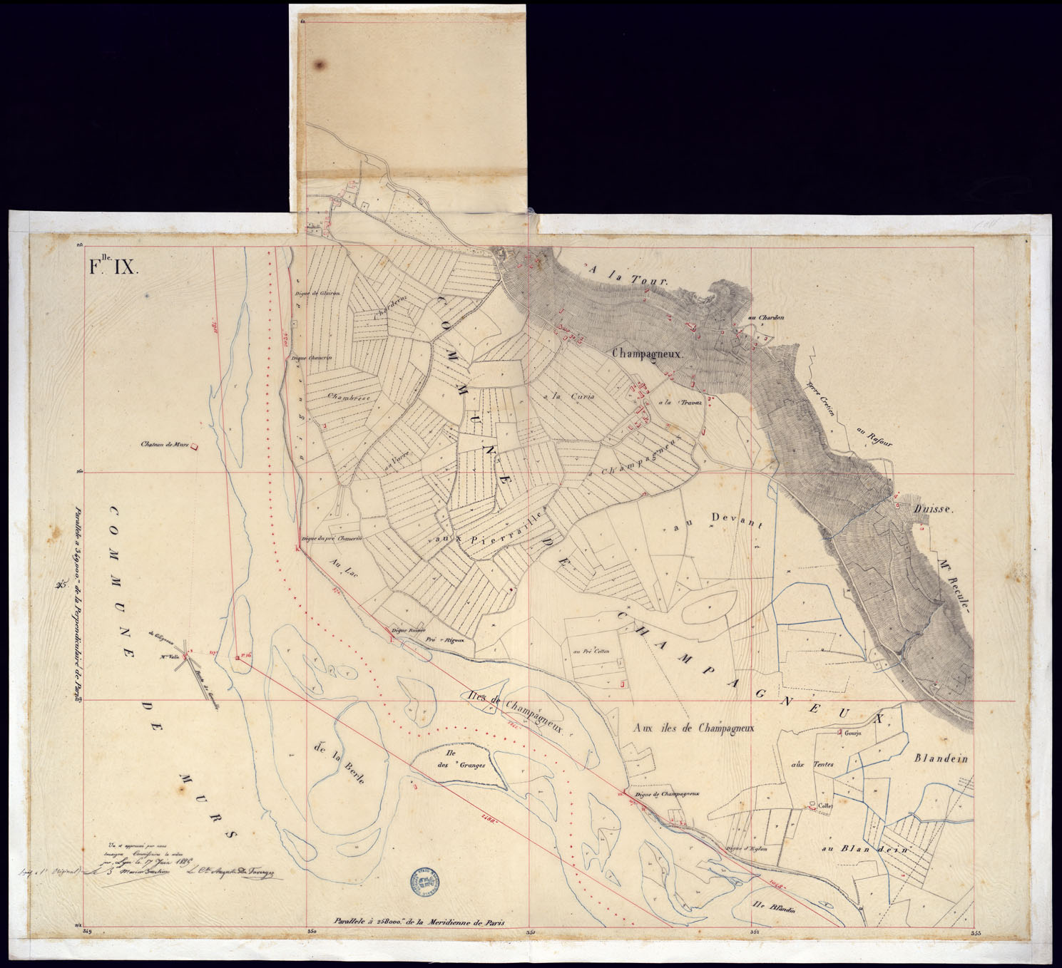 (N:6768) TABLEAU D'ASSEMBLAGE DE CARTE DES BASSINS INONDABLES DU RHONE ET DU GUIERS RELATIVE AUX LIGNES LATERALES LEVEE ET DESSINEE A' L'ECHELLE D'UN 5.000 ME PAR LES CAP. NES DU GENIE CIVIL MELANO ET BAGETTI - FOGLIO IX. (CA000051) Carte e stampe antiche: riproduzione a colori su carta (formato A1)
