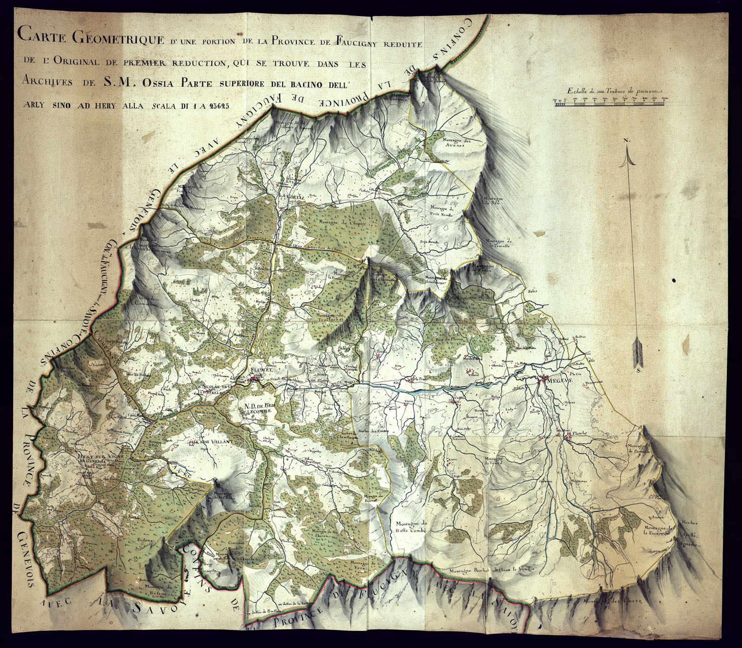 (N:6894) CARTE GEOMETRIQUE D'UNE PORTION DE LA PROVINCE DE FAUCIGNY REDUITE DE L'ORIGINAL DE PREMIER REDUCTION, QUI SE TROUVE DANS LES ARCHIVES DE S. M. OSSIA PARTE SUPERIORE DEL BACINO DELL'ARLY SINO AD HERY ALLA SCALA DI 1 A 23.625. (CA000065) Carte e stampe antiche: riproduzione a colori su carta (formato A1)