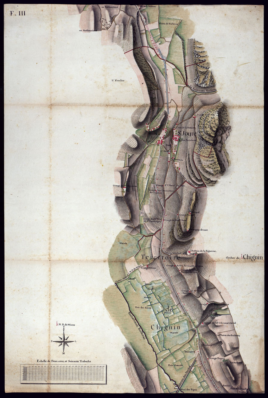 (N:7511) MODELE QUI SERT POUR L'UNION DES FEUILLES, QUI COMPOSENT LA CARTE DE LA GRANDE ROUTE DEPUIS CHAMBERY JUSQU'A S. JEAN DE MAURIENNE LEVEE SUR LIEUX DANS SUR LIEUX DANS ANNES 1781 ET 1782 PAR MARCHETTI INGENIUR TOPOGRAPHE DE S. M. - FOGLIO III. (CA000087) Carte e stampe antiche: riproduzione a colori su carta (formato A1)