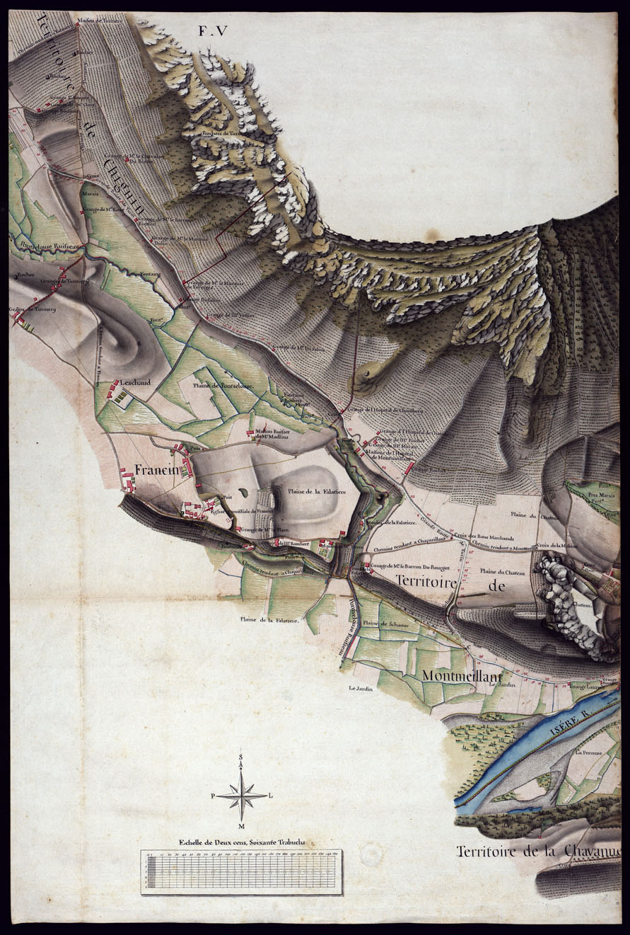 (N:7507) MODELE QUI SERT POUR L'UNION DES FEUILLES, QUI COMPOSENT LA CARTE DE LA GRANDE ROUTE DEPUIS CHAMBERY JUSQU'A S. JEAN DE MAURIENNE LEVEE SUR LIEUX DANS SUR LIEUX DANS ANNES 1781 ET 1782 PAR MARCHETTI INGENIUR TOPOGRAPHE DE S. M. - FOGLIO V. (CA000089) Carte e stampe antiche: riproduzione a colori su carta (formato A1)