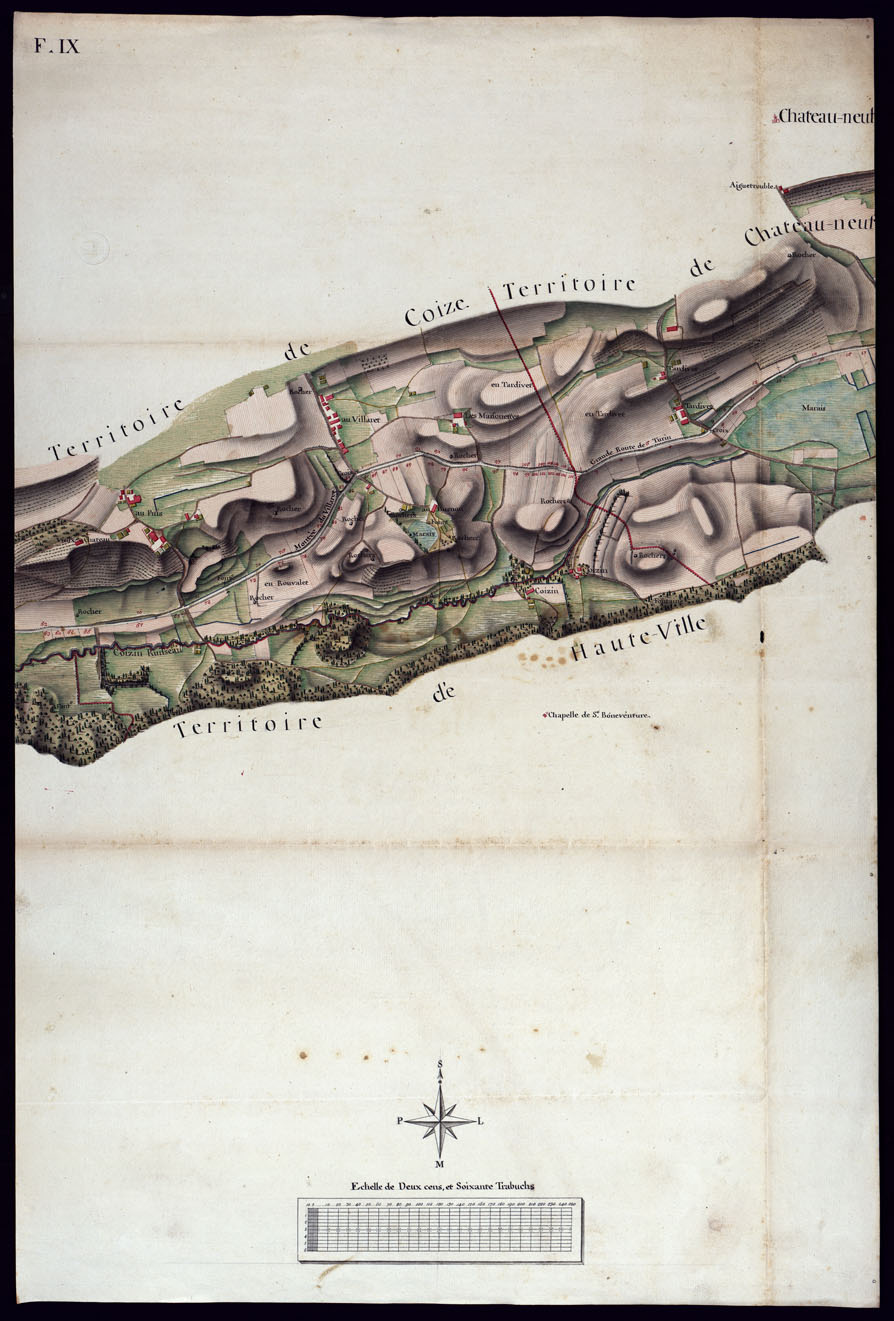 (N:7499) MODELE QUI SERT POUR L'UNION DES FEUILLES, QUI COMPOSENT LA CARTE DE LA GRANDE ROUTE DEPUIS CHAMBERY JUSQU'A S. JEAN DE MAURIENNE LEVEE SUR LIEUX DANS SUR LIEUX DANS ANNES 1781 ET 1782 PAR MARCHETTI INGENIUR TOPOGRAPHE DE S. M. - FOGLIO IX. (CA000093) Carte e stampe antiche: riproduzione a colori su carta (formato A1)