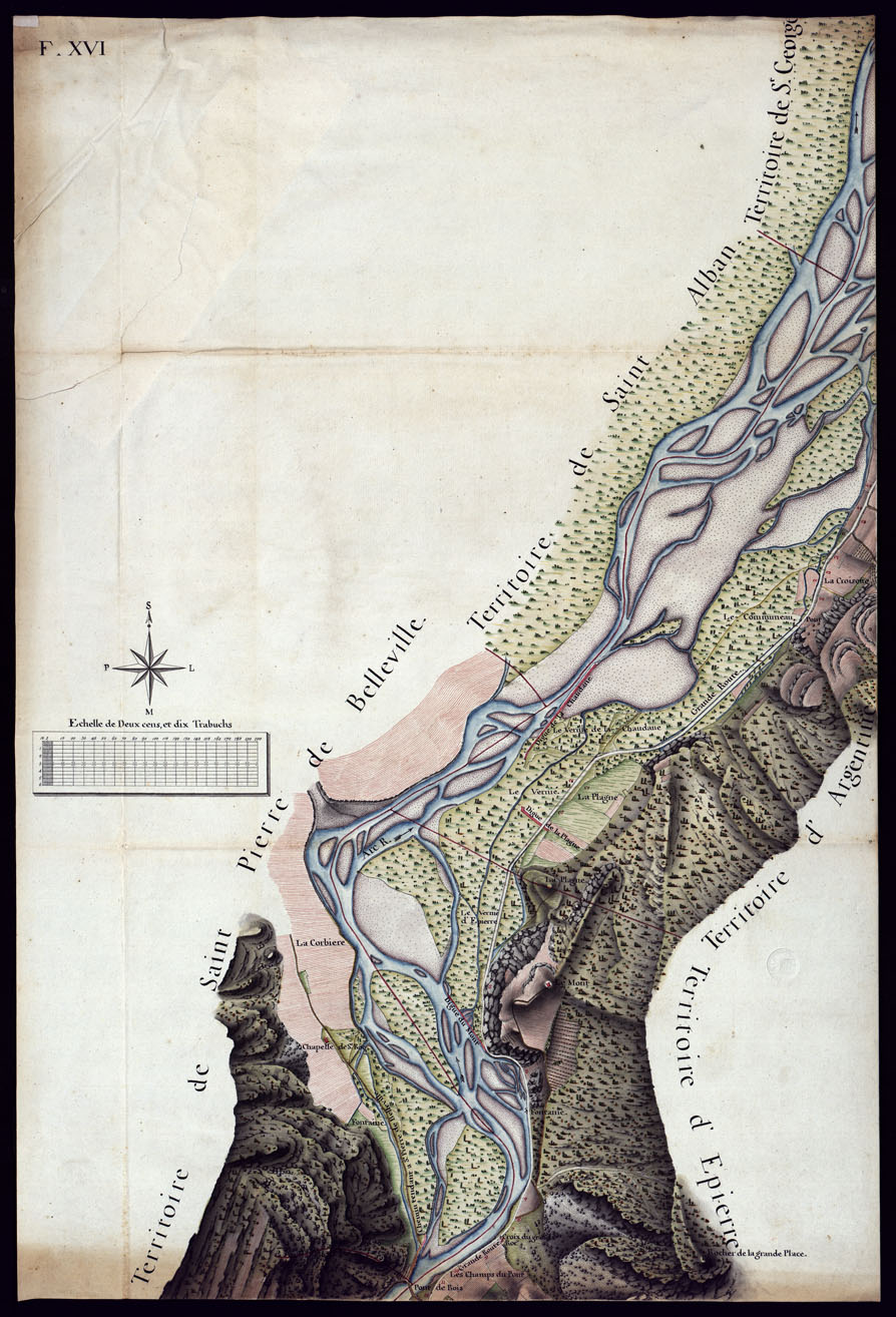 (N:6945) MODELE QUI SERT POUR L'UNION DES FEUILLES, QUI COMPOSENT LA CARTE DE LA GRANDE ROUTE DEPUIS CHAMBERY JUSQU'A S. JEAN DE MAURIENNE LEVEE SUR LIEUX DANS SUR LIEUX DANS ANNES 1781 ET 1782 PAR MARCHETTI INGENIUR TOPOGRAPHE DE S. M. - FOGLIO XVI. (CA000100) Carte e stampe antiche: riproduzione a colori su carta (formato A1)