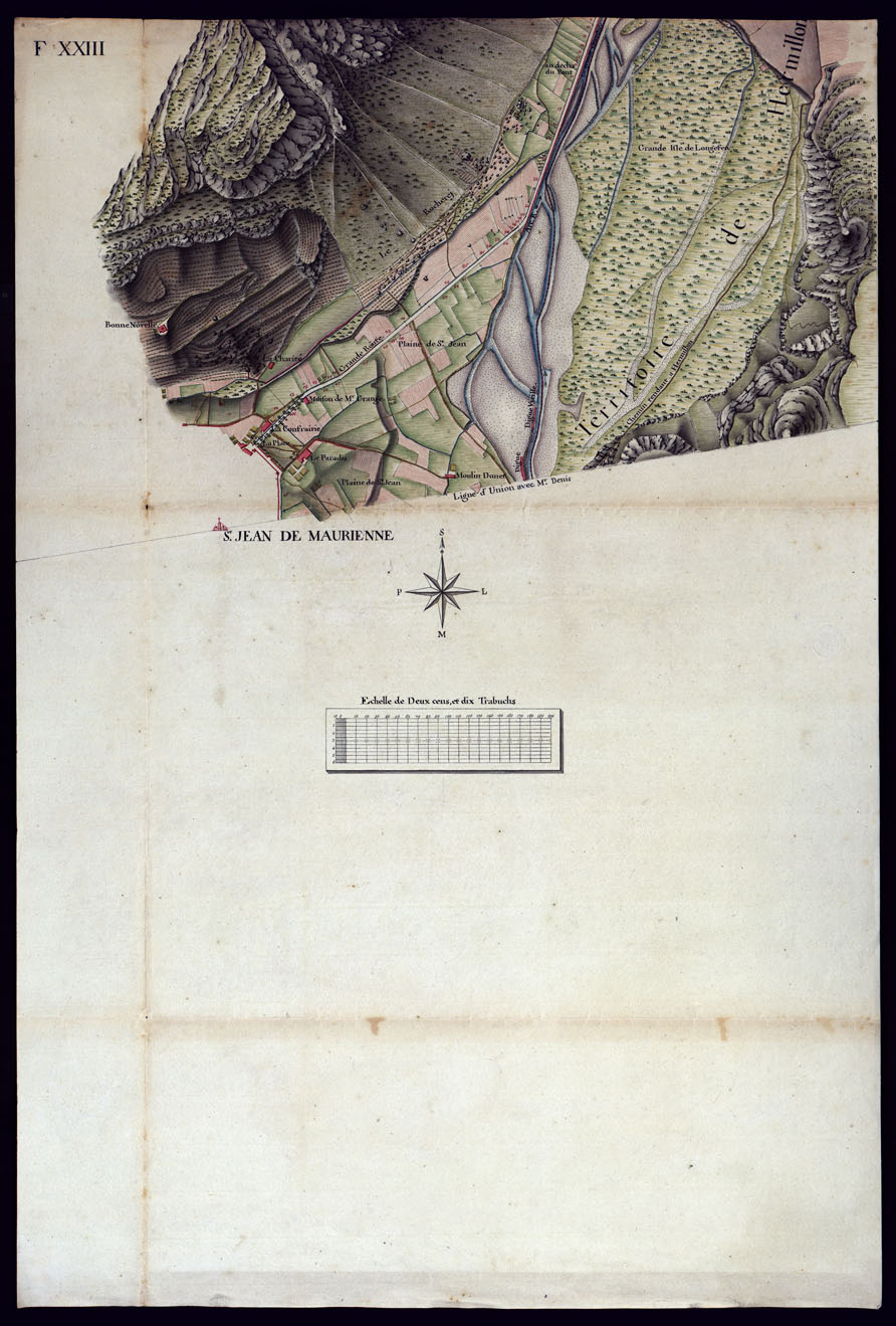 (N:6901) MODELE QUI SERT POUR L'UNION DES FEUILLES, QUI COMPOSENT LA CARTE DE LA GRANDE ROUTE DEPUIS CHAMBERY JUSQU'A S. JEAN DE MAURIENNE LEVEE SUR LIEUX DANS SUR LIEUX DANS ANNES 1781 ET 1782 PAR MARCHETTI INGENIUR TOPOGRAPHE DE S. M. - FOGLIO XXIII. (CA000107) Carte e stampe antiche: riproduzione a colori su carta (formato A1)