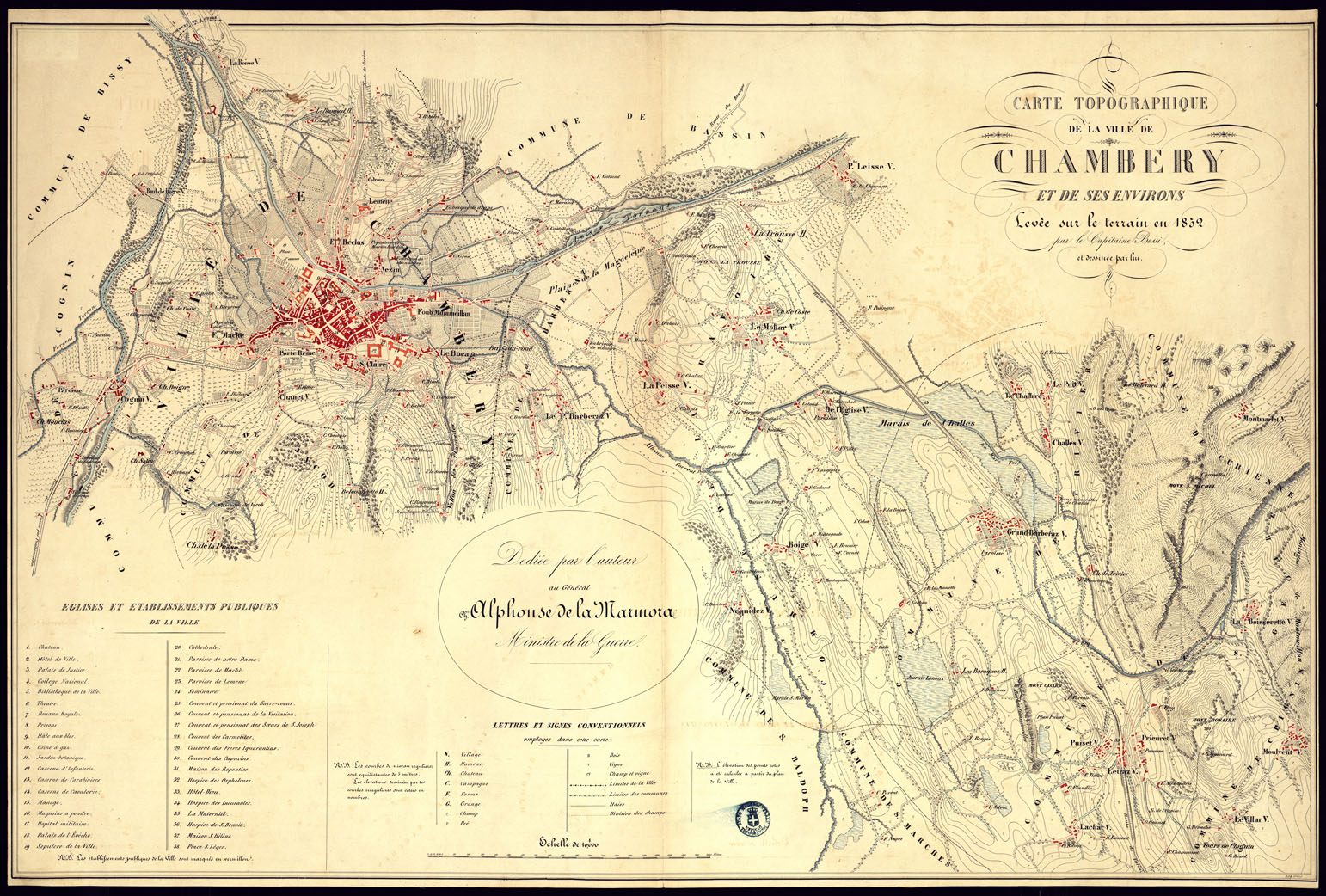 (N:5632) CARTE TOPOGRAPHIQUE DE LA VILLE DE CHAMBERY ET DE SES ENVIRONS. LEVEE SUR LE TERRAIN EN 1852 PAR LE CAPITAINE BOSSI ET DESSINEE PAR LUI. (CA000108) Carte e stampe antiche: riproduzione a colori su carta (formato A1)