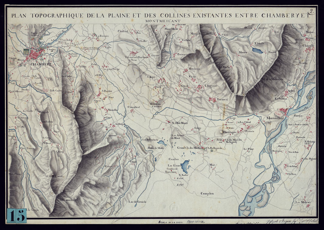(N:6876) PLAN TOPOGRAPHIQUE DE LA PLAINE ET DES COLLINES EXISTANTES ENTRE CHAMBERY ET MONTMEILANT. (CA000111) Carte e stampe antiche: riproduzione a colori su carta (formato A1)