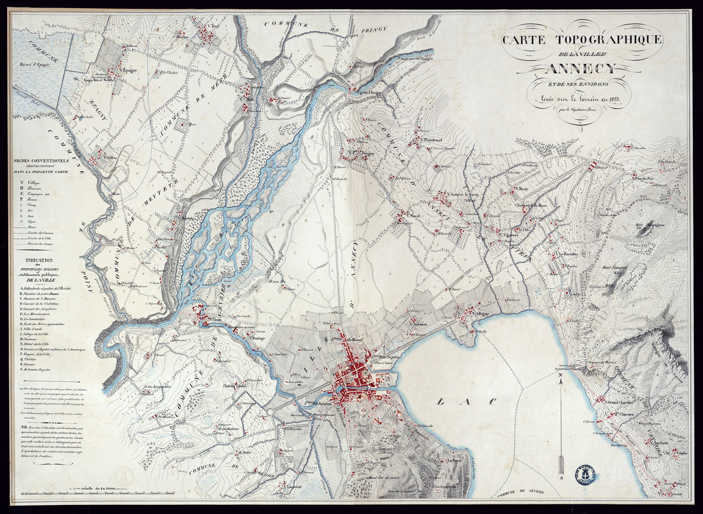 (N:5630) CARTE TOPOGRAPHIQUE DE LA VILLE D'ANNECY ET DE SES ENVIRONS. LEVEE SUR LE TERREIN EN 1853 PAR LE CAPTAINE BOSSI. (CA000112) Carte e stampe antiche: riproduzione a colori su carta (formato A1)