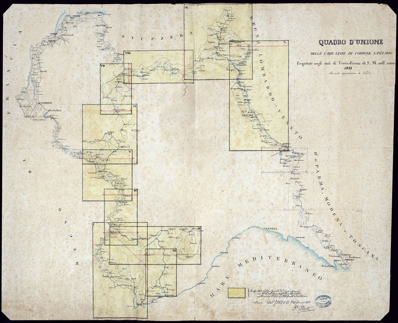 (N:23009) CARTA DEI CORDONI SANITARI SULLA FRONTIERA DELLA SAVOIA DAL COLLE DELLA BALMA AL M.TE TABOR - QUADRO D'UNIONE N.2. (CA000113) Carte e stampe antiche: riproduzione a colori su carta (formato A1)