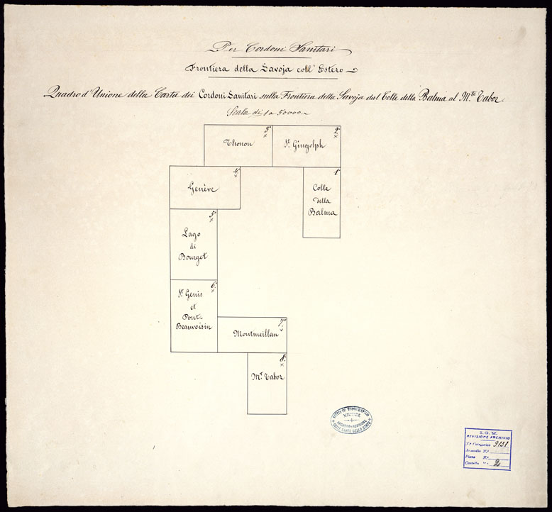 (N:6172) CARTA DEI CORDONI SANITARI SULLA FRONTIERA DELLA SAVOIA DAL COLLE DELLA BALMA AL M.TE TABOR - QUADRO D'UNIONE N.1. (CA000114) Carte e stampe antiche: riproduzione a colori su carta (formato A1)