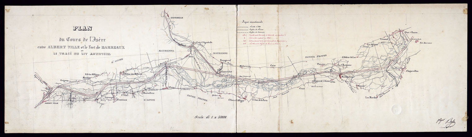 (N:5634) PLAN  DU COURS DE L'ISERE ENTRE ALBERT VILLE ET LE FORT DE BARREAUX AVEC LE TRACE' DU LIT ARTIFICIEL. (CA000127) Carte e stampe antiche: riproduzione a colori su carta (formato A1)
