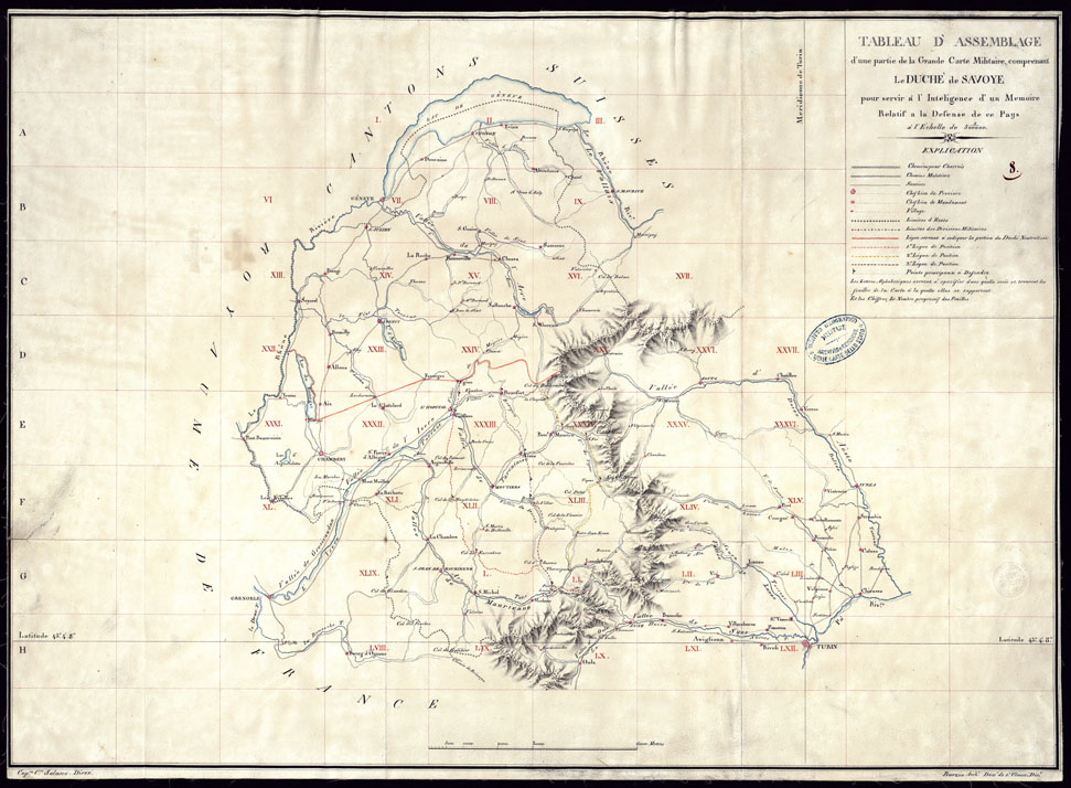 (N:6872) TABLEAU D'ASSEMBLAGE D'UNE PARTIE DE LA GRANDE CARTE MILITAIRE, COMPRENANT LE DUCHE' DE SAVOYE POUR SERVIR A'L'INTELIGENCE D'UN MOMOIRE RELATIF A LA DEFENSE DE CE PAYS A'L'ECHELLE DE 1/500.000. (CA000144) Carte e stampe antiche: riproduzione a colori su carta (formato A1)