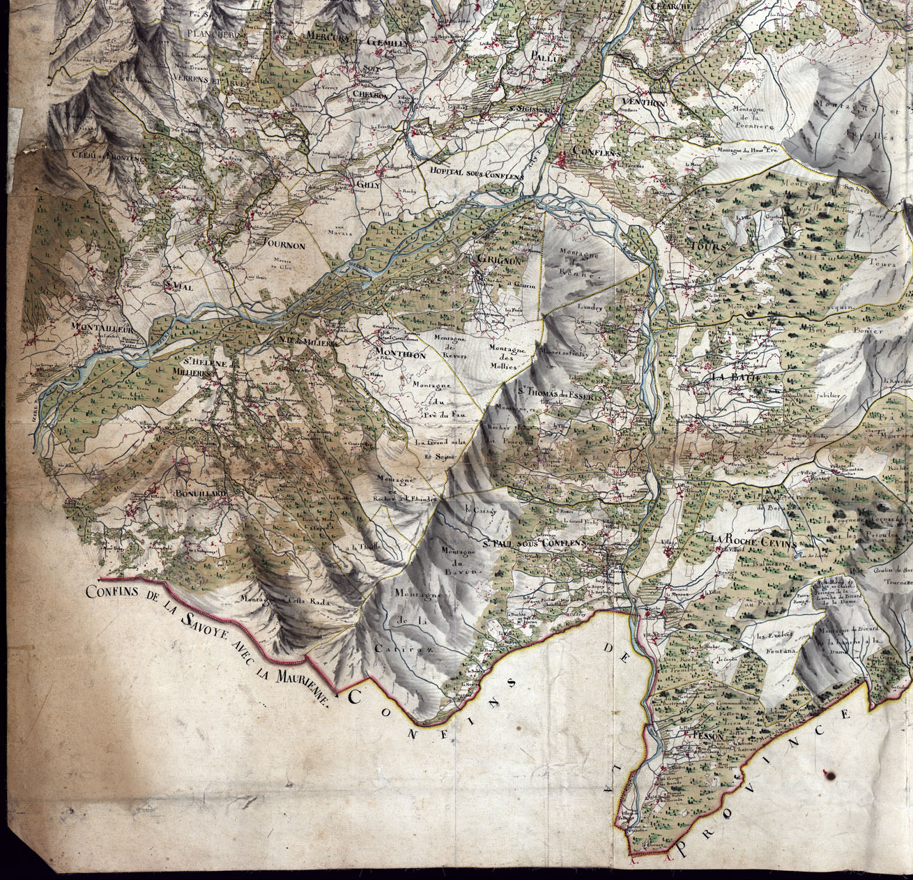 (N:6892) CARTE GEOMETRIQUE DE LA PROVINCE DE SAVOYE DE L'ORIGINAL DE PREMIER REDUCTION QUI SE TROUVE DANS LES ARCHIVES DE S.M. (CA000145, CA000146, CA000147, CA000148) Carte e stampe antiche: riproduzione a colori su carta (formato A1)