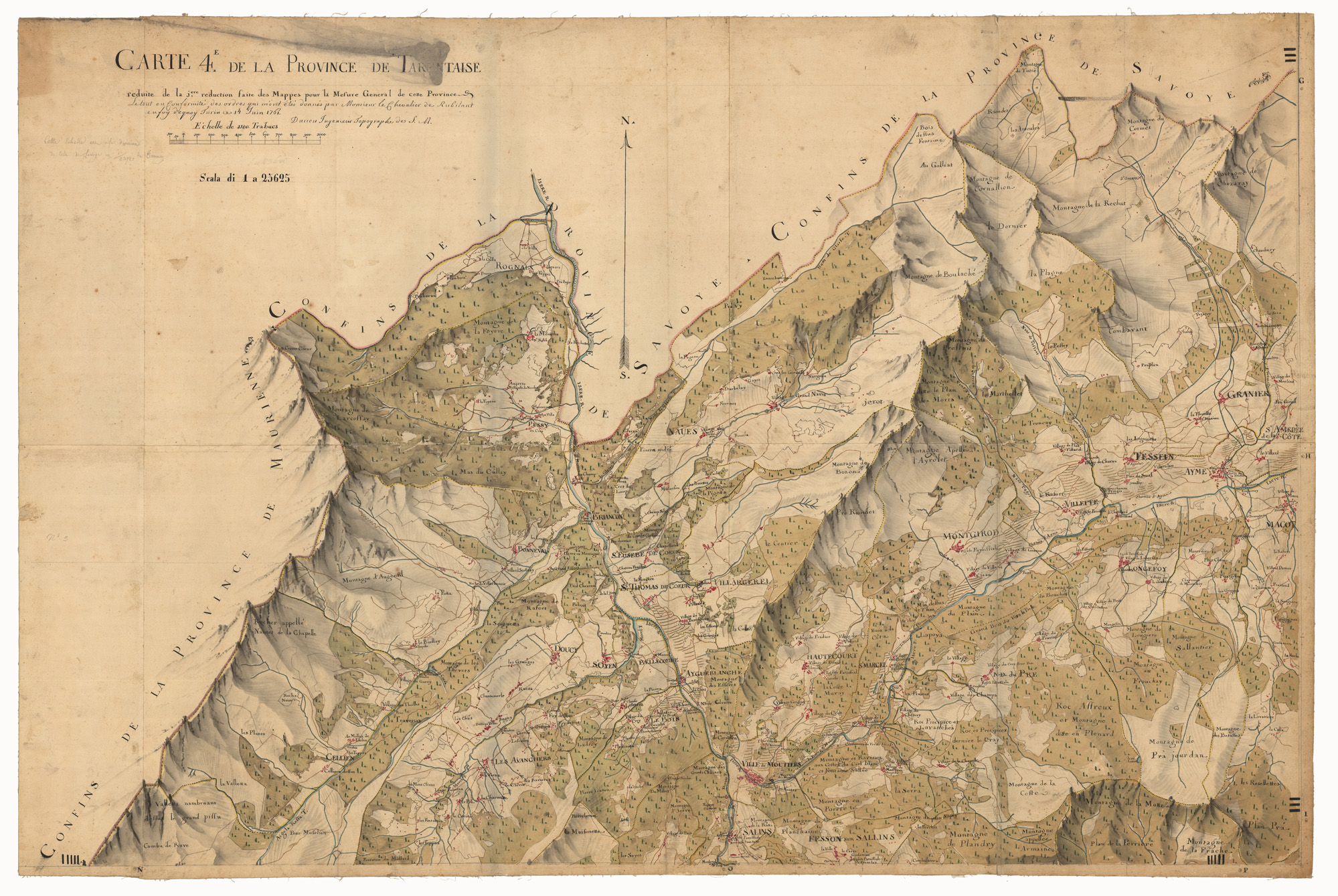 (N:8474) CARTE J. RE DE LA PROVINCE DE TARENTAISE REDUITE DE LA J.RE REDUCTION FAIRE DES MAPPES POUR LA MESURE GENERAL DE CETTE PROVINCE DIVISEE EN 6. CARTES PAR LES QUELLES L'ON VOIT TOUS LES BOIS ET VIGNES DE CHAQUE TERRITOIRE & C. - CARTE 4 (CA000158) Carte e stampe antiche: riproduzione a colori su carta (formato A1)