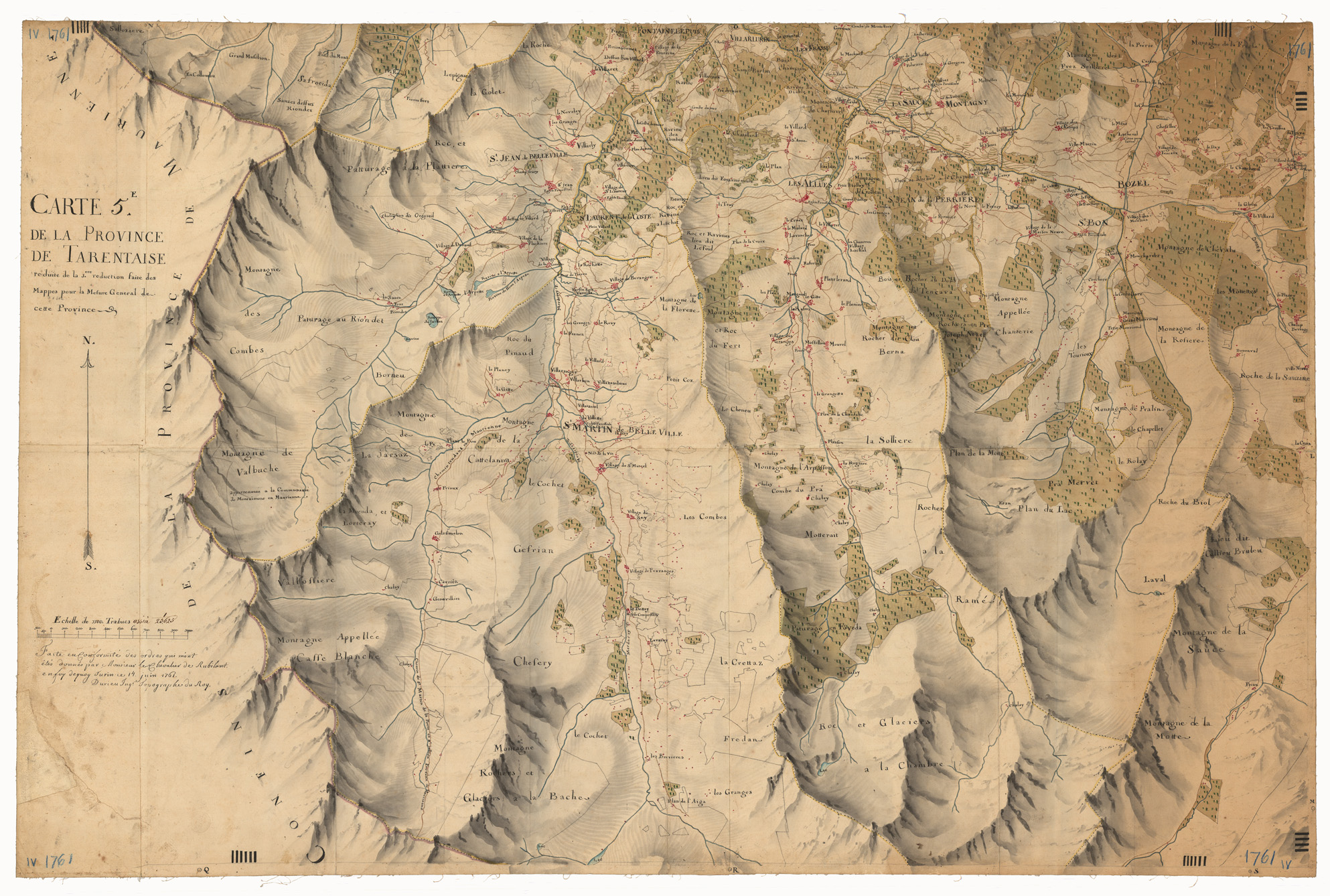 (N:33121) CARTE J. RE DE LA PROVINCE DE TARENTAISE REDUITE DE LA J.RE REDUCTION FAIRE DES MAPPES POUR LA MESURE GENERAL DE CETTE PROVINCE DIVISEE EN 6. CARTES PAR LES QUELLES L'ON VOIT TOUS LES BOIS ET VIGNES DE CHAQUE TERRITOIRE & C. - CARTE 5 (CA000160) Carte e stampe antiche: riproduzione a colori su carta (formato A1)